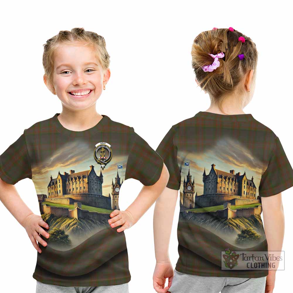 Gray Tartan Family Crest Kid T-Shirt with Scottish Ancient Castle Style - Tartan Vibes Clothing