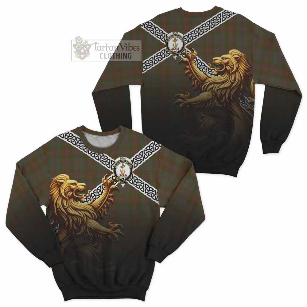 Gray Crest Tartan Sweatshirt with Golden Lion Emblem Celtic Style - Tartan Vibes Clothing