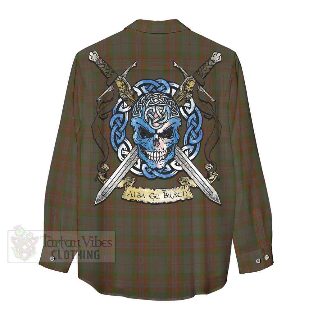 Gray Tartan Women's Casual Shirt with Family Crest Celtic Skull Style - Tartan Vibes Clothing