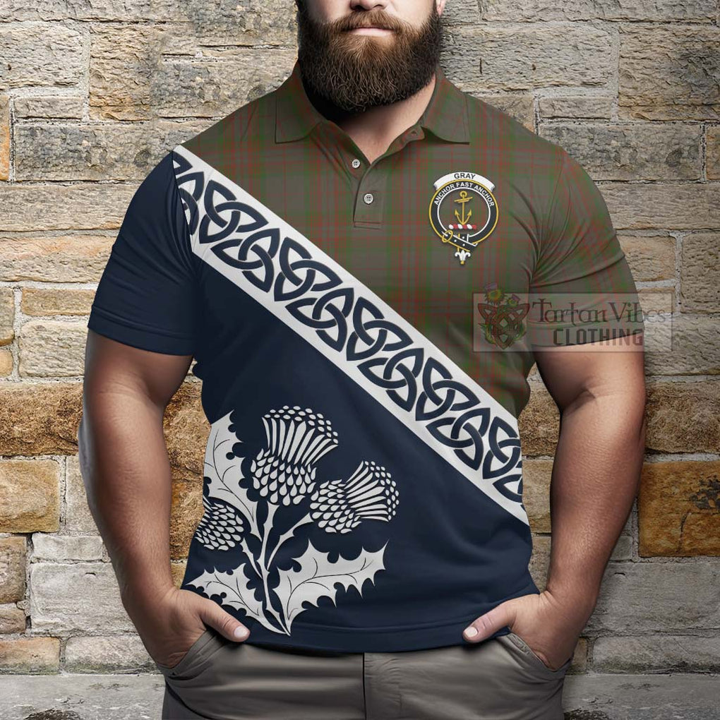 Gray Tartan Polo Shirt Featuring Thistle and Scotland Map - Tartanvibesclothing Store