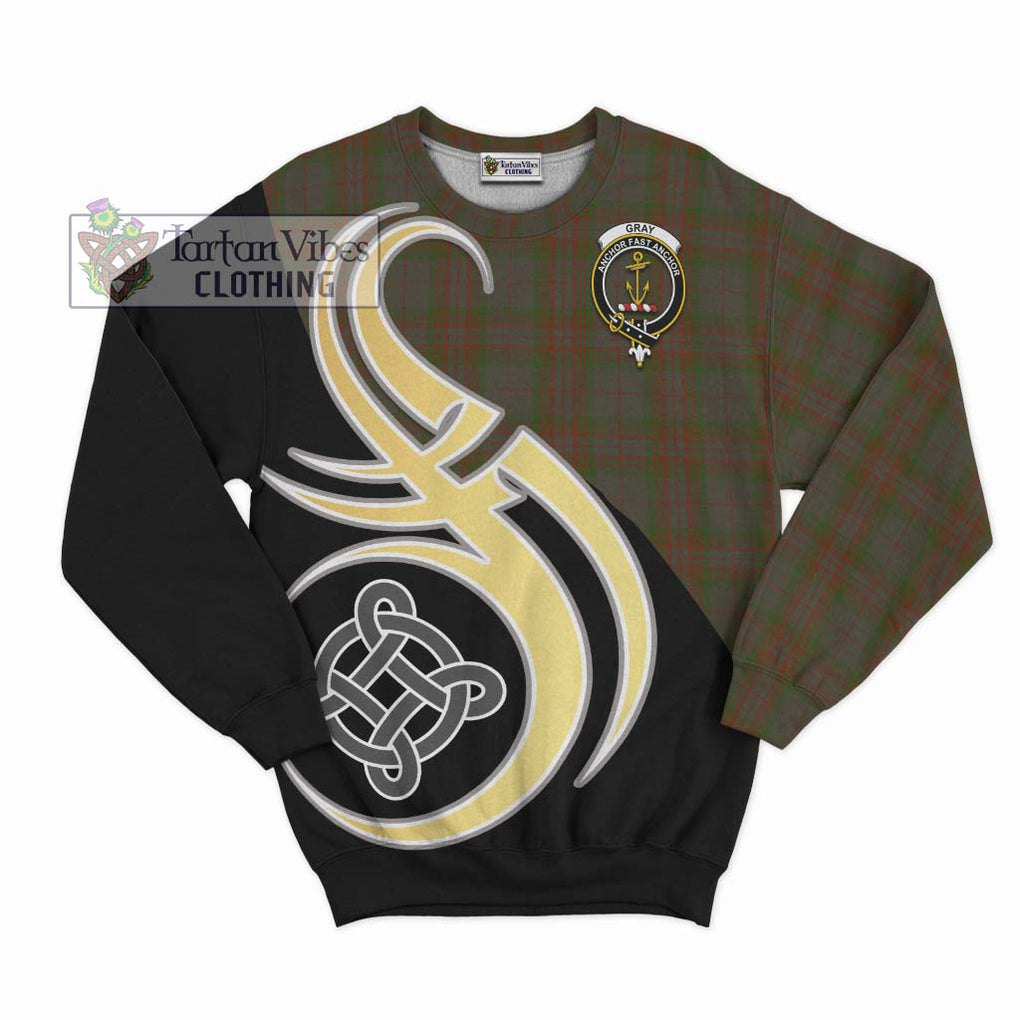 Gray Tartan Sweatshirt with Family Crest and Celtic Symbol Style - Tartan Vibes Clothing