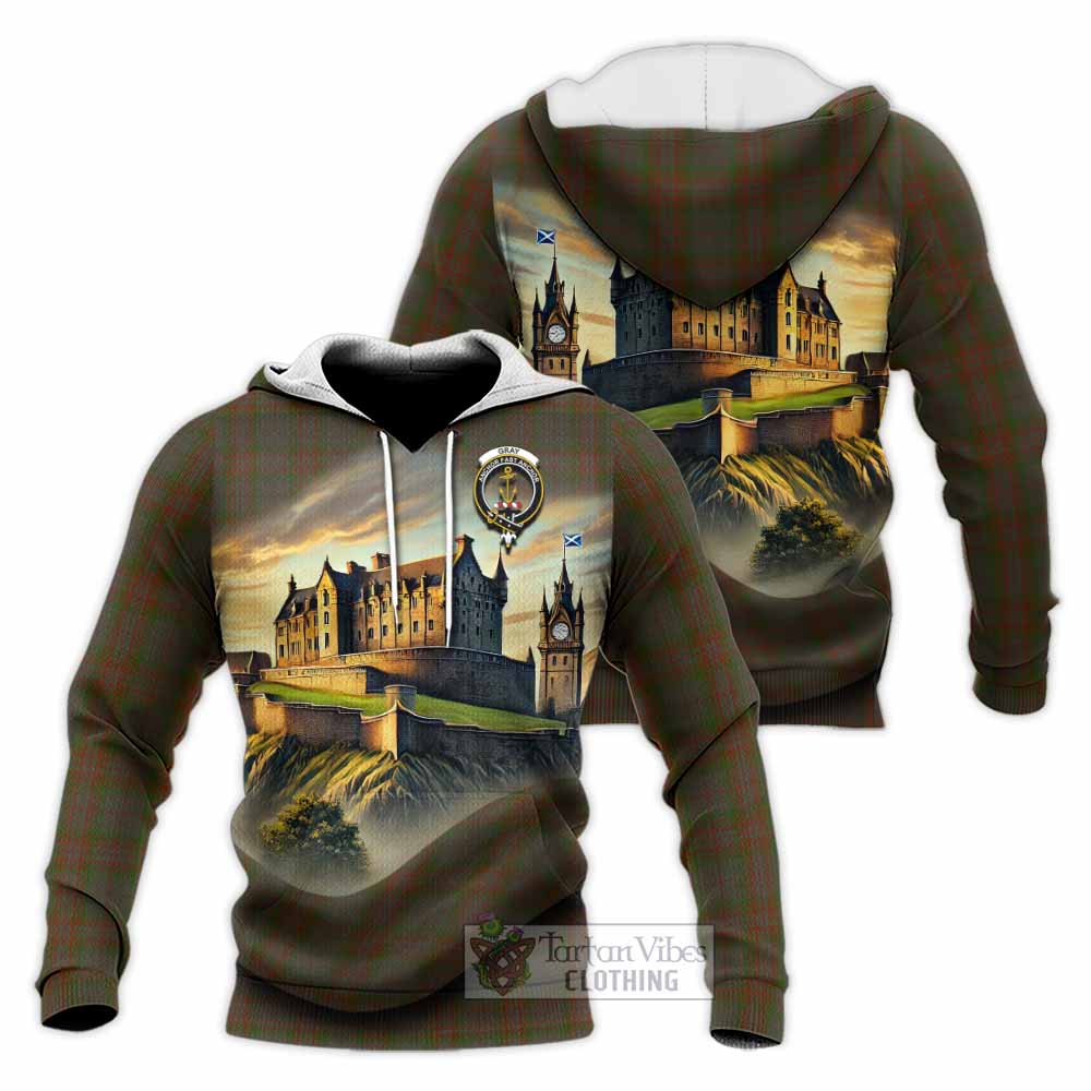 Gray Tartan Family Crest Knitted Hoodie with Scottish Ancient Castle Style - Tartan Vibes Clothing