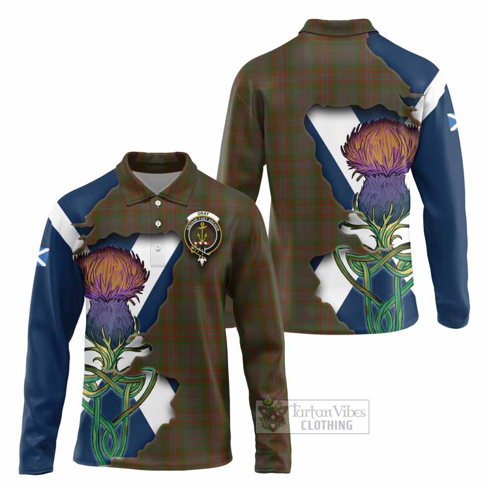 Gray Tartan Family Crest Long Sleeve Polo Shirt Scottish Thistle Celtic Inspired - Tartan Vibes Clothing