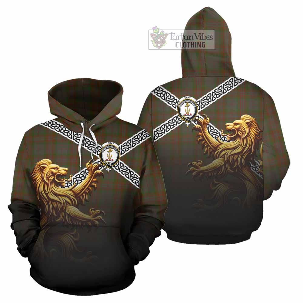 Gray Crest Tartan Hoodie with Golden Lion Emblem Celtic Style - Tartan Vibes Clothing