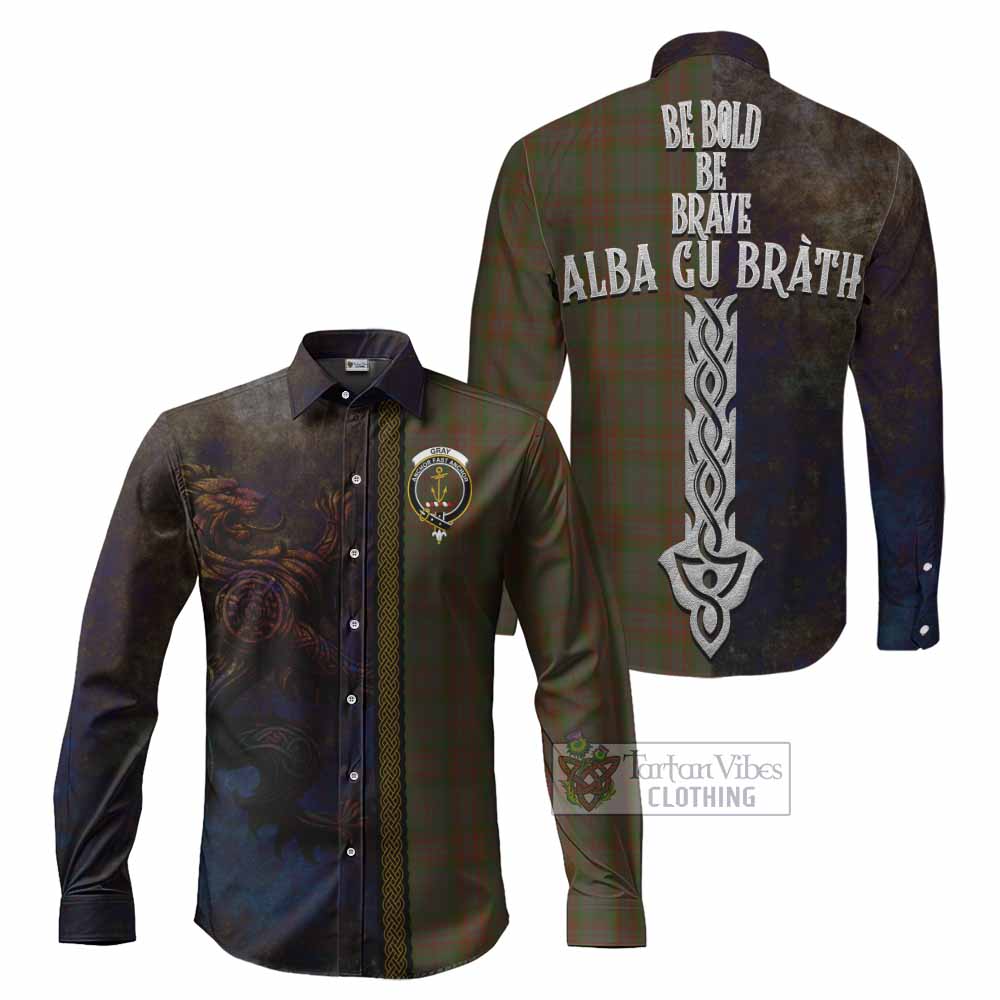 Gray Tartan Family Crest Long Sleeve Button Shirt Alba Gu Brath Be Brave Lion Ancient Style - Tartan Vibes Clothing