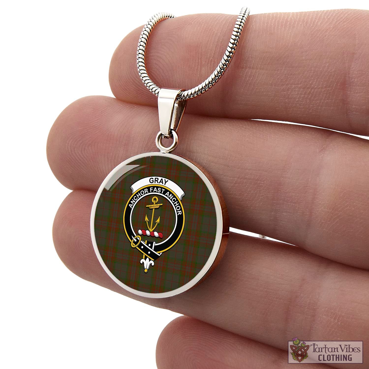 Gray Tartan Circle Necklace with Family Crest - Tartan Vibes Clothing