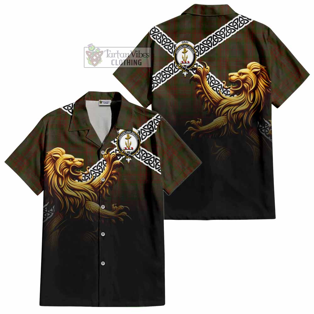 Gray Crest Tartan Hawaiian Shirt with Golden Lion Emblem Celtic Style - Tartan Vibes Clothing
