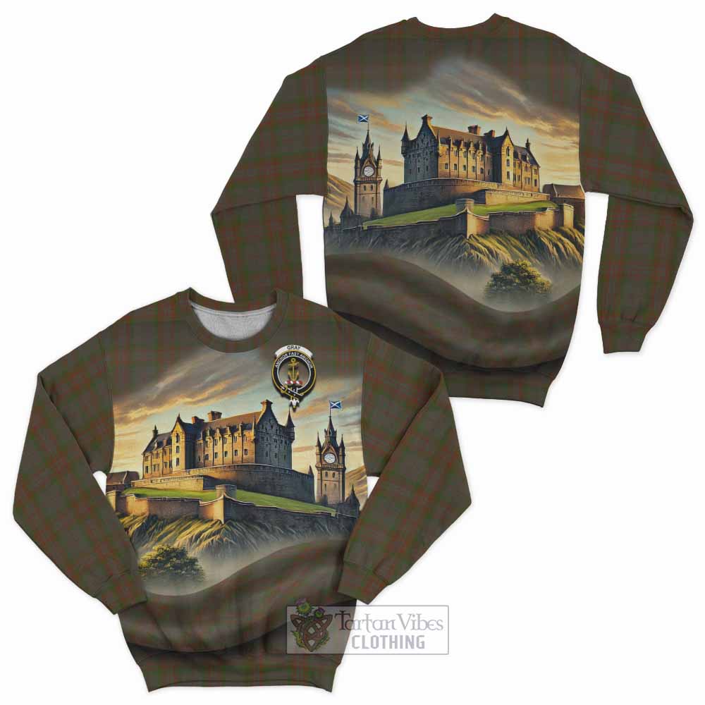 Gray Tartan Family Crest Sweatshirt with Scottish Ancient Castle Style - Tartan Vibes Clothing