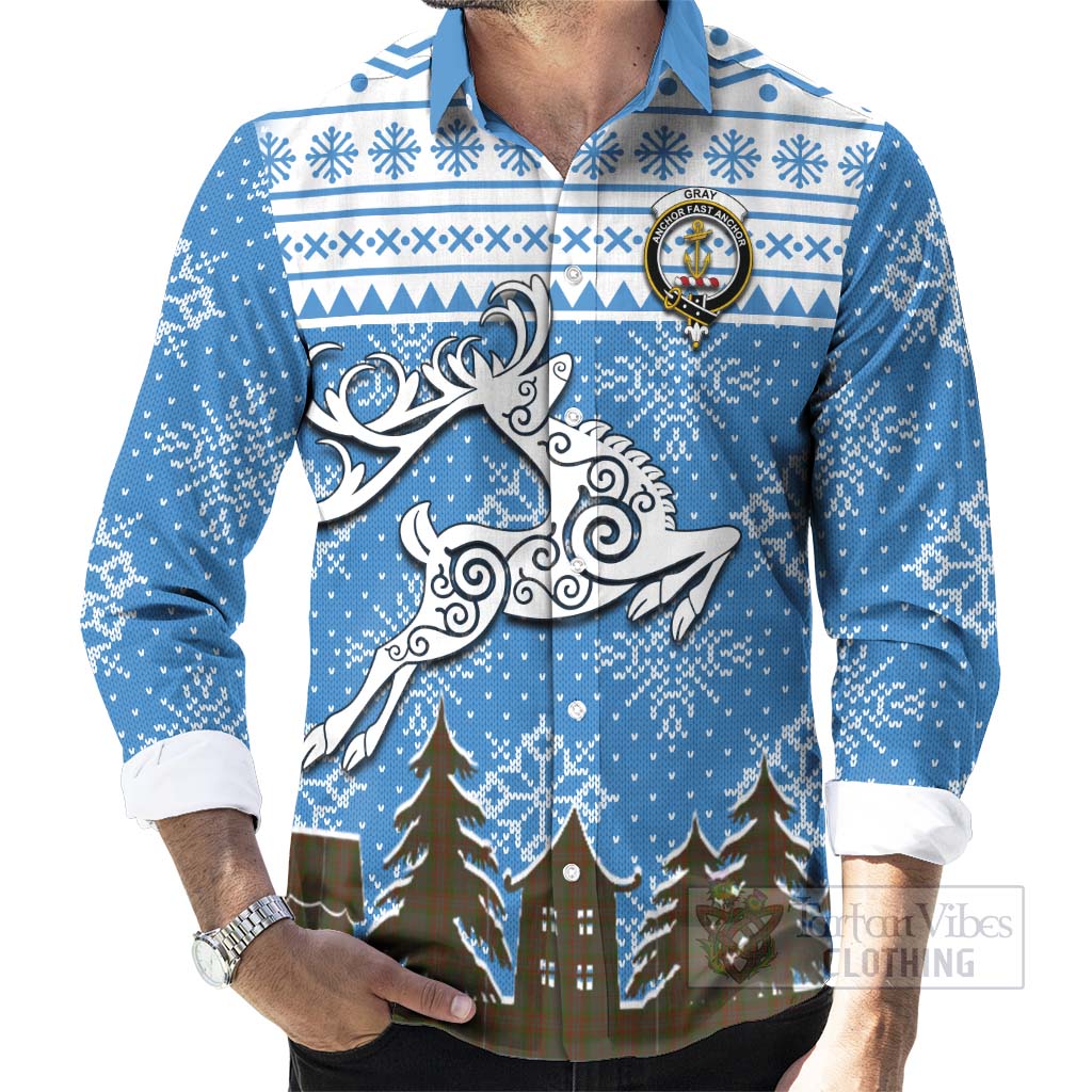 Gray Clan Christmas Long Sleeve Button Shirt Celtic Reindeer Style - Tartan Vibes Clothing