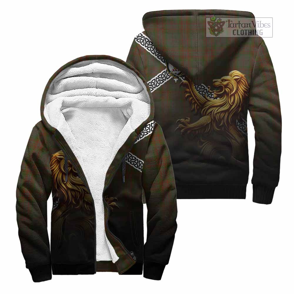 Gray Crest Tartan Sherpa Hoodie with Golden Lion Emblem Celtic Style Unisex - Tartan Vibes Clothing