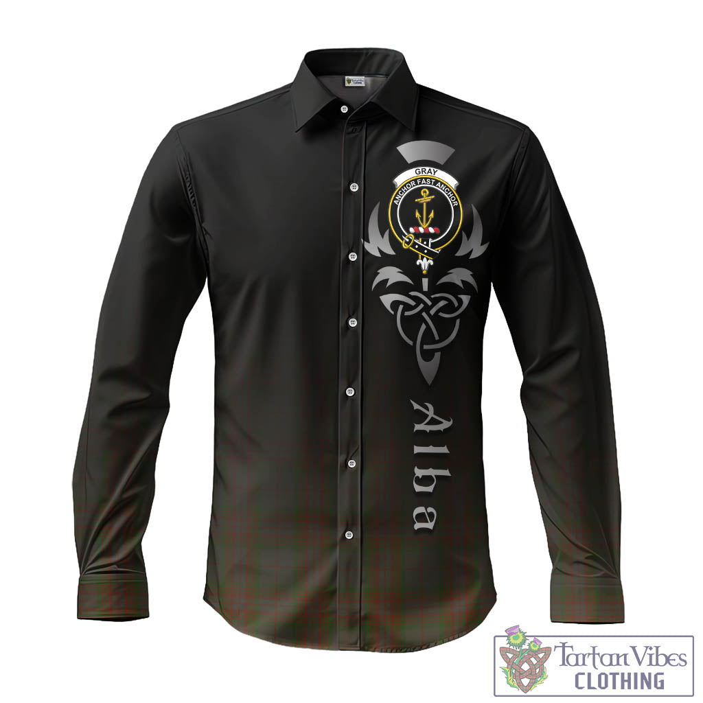 Gray Tartan Long Sleeve Button Up Featuring Alba Gu Brath Family Crest Celtic Inspired - Tartan Vibes Clothing