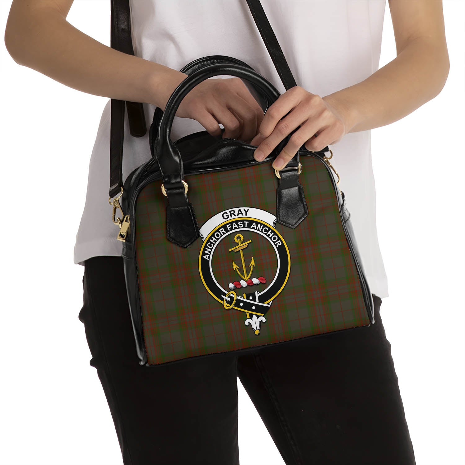 Gray Tartan Shoulder Handbags with Family Crest - Tartan Vibes Clothing