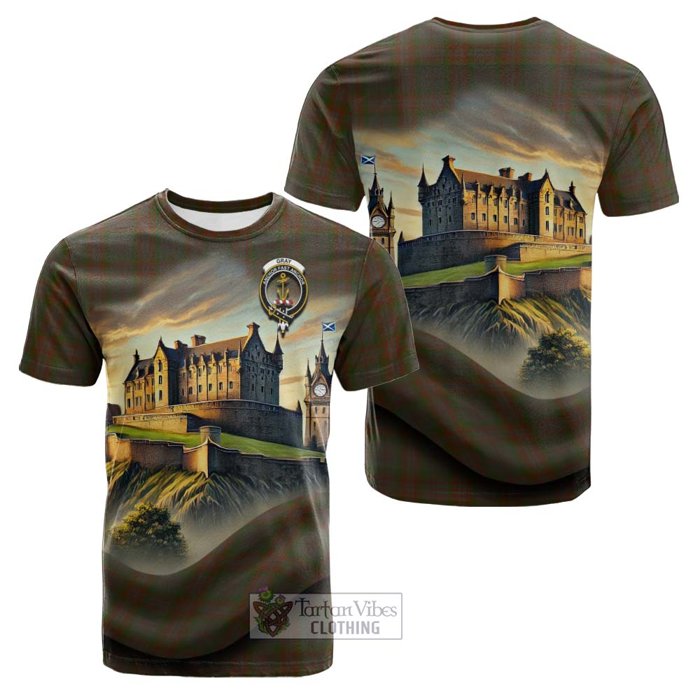Tartan Vibes Clothing Gray Tartan Family Crest Cotton T-shirt with Scottish Ancient Castle Style
