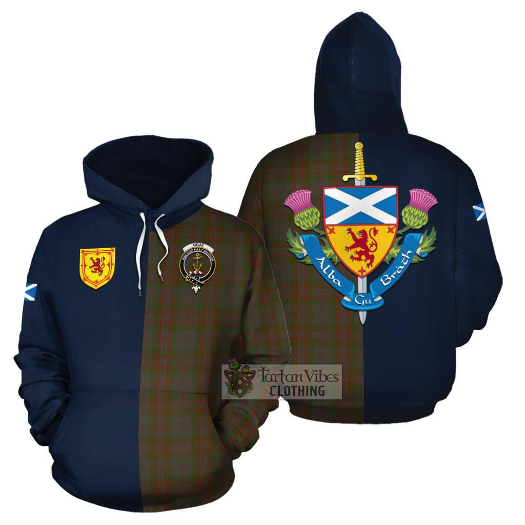 Gray Tartan Cotton Hoodie Alba with Scottish Lion Royal Arm Half Style Zip Hoodie - Tartan Vibes Clothing