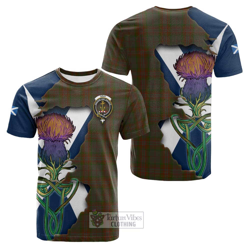 Tartan Vibes Clothing Gray Tartan Family Crest Cotton T-shirt Scottish Thistle Celtic Inspired