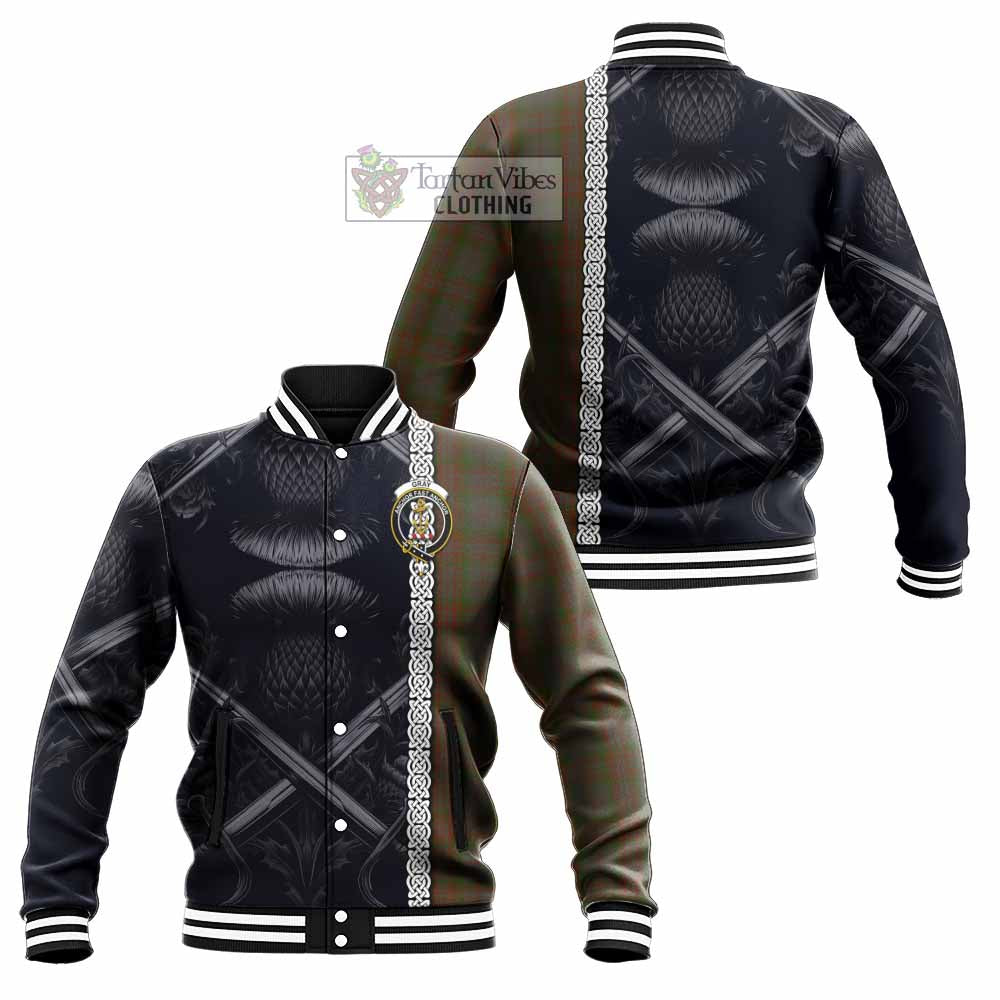 Gray Tartan Baseball Jacket with Family Crest Cross Sword Thistle Celtic Vibes - Tartan Vibes Clothing