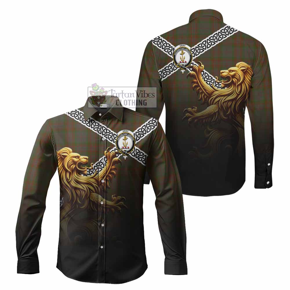 Gray Crest Tartan Long Sleeve Button Shirt with Golden Lion Emblem Celtic Style - Tartan Vibes Clothing