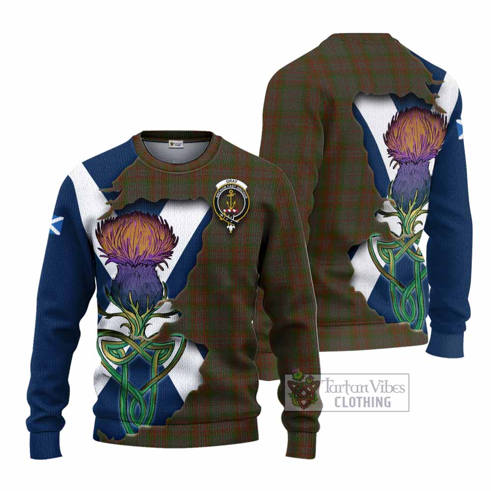 Gray Tartan Family Crest Knitted Sweater Scottish Thistle Celtic Inspired - Tartan Vibes Clothing