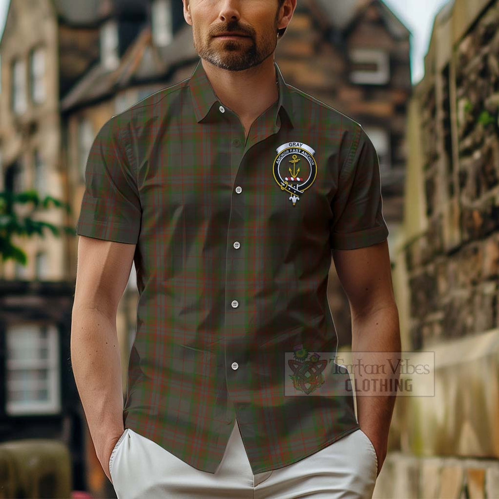 Gray Tartan Hawaiian Shirt with Family Crest Celtic Skull Style - Tartan Vibes Clothing