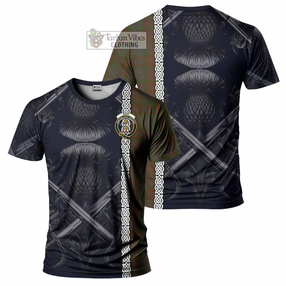 Gray Tartan T-Shirt with Family Crest Cross Sword Thistle Celtic Vibes - Tartan Vibes Clothing