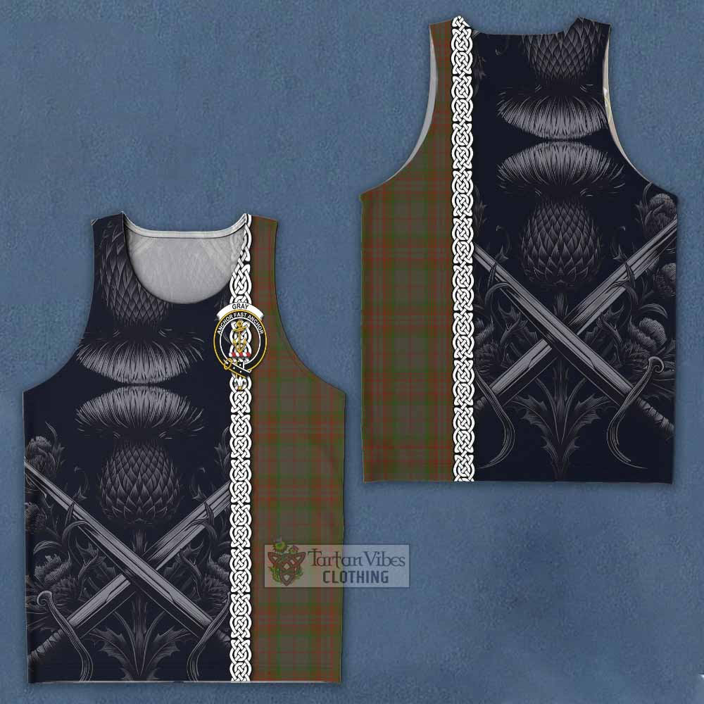 Gray Tartan Men's Tank Top with Family Crest Cross Sword Thistle Celtic Vibes - Tartan Vibes Clothing