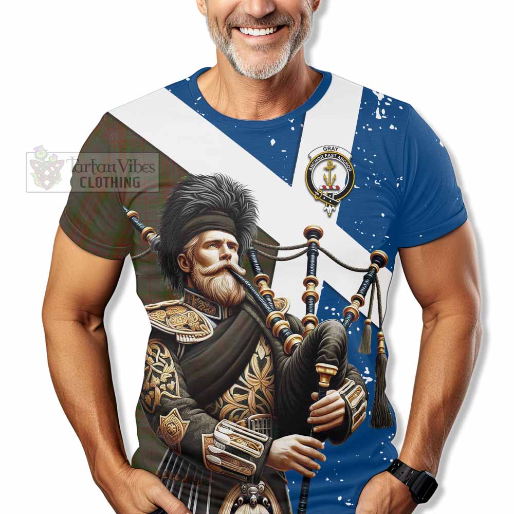 Gray Tartan T-Shirt with Family Crest Scottish Bagpiper Vibes - Tartan Vibes Clothing