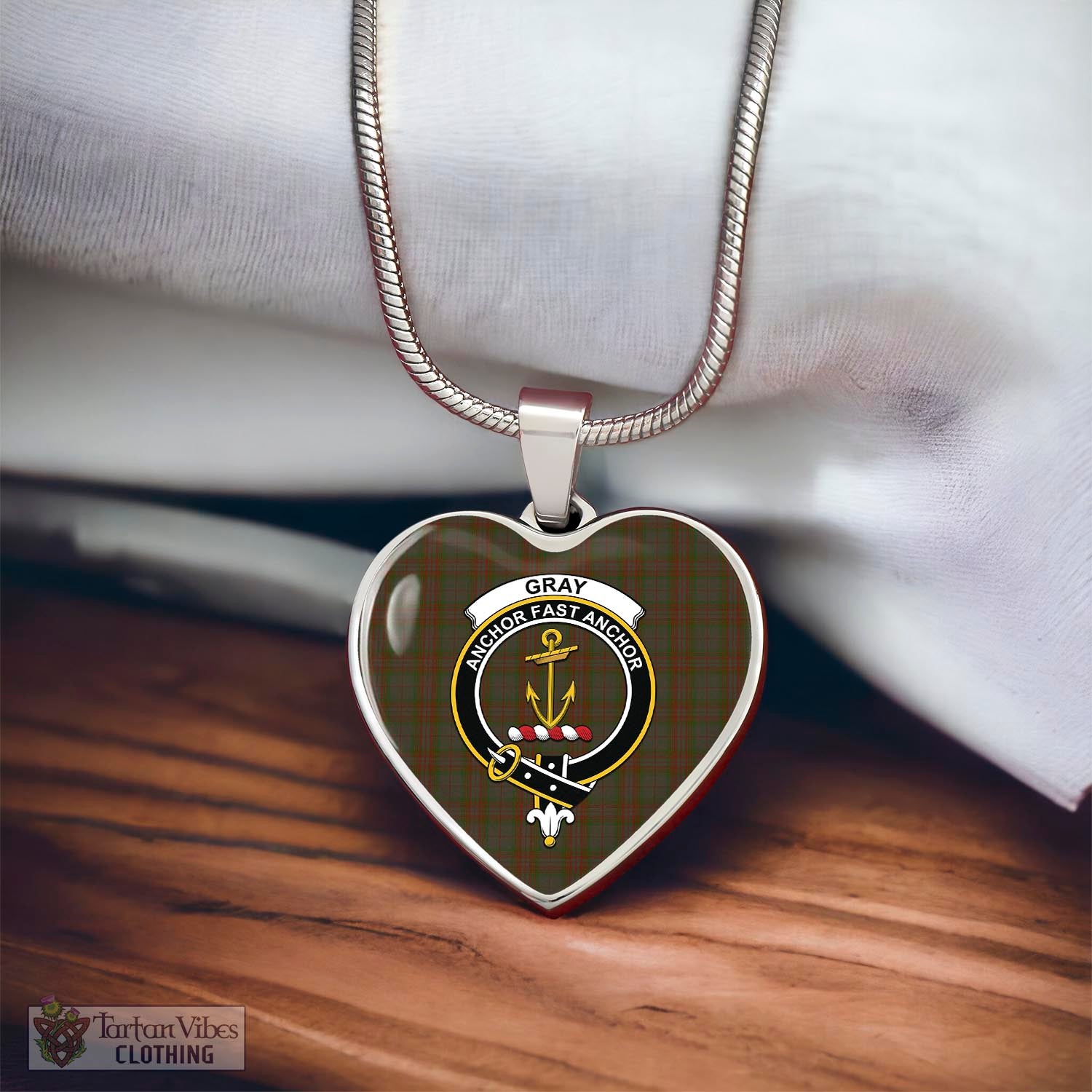 Gray Tartan Heart Necklace with Family Crest - Tartan Vibes Clothing
