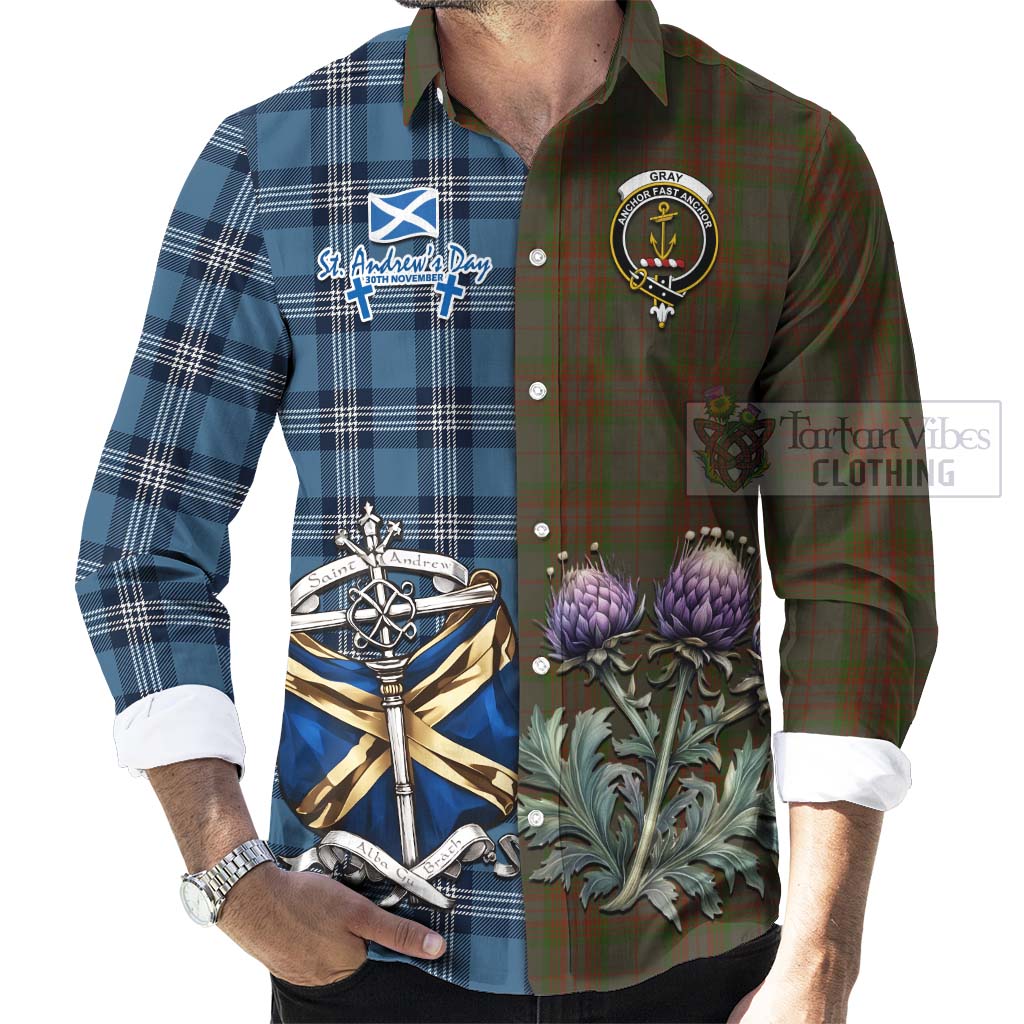 Gray Tartan Long Sleeve Button Shirt Happy St. Andrew's Day Half Tartan Style - Tartan Vibes Clothing