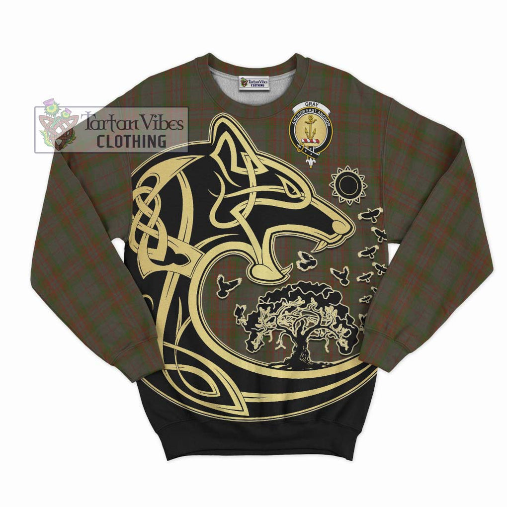 Gray Tartan Sweatshirt with Family Crest Celtic Wolf Style - Tartan Vibes Clothing