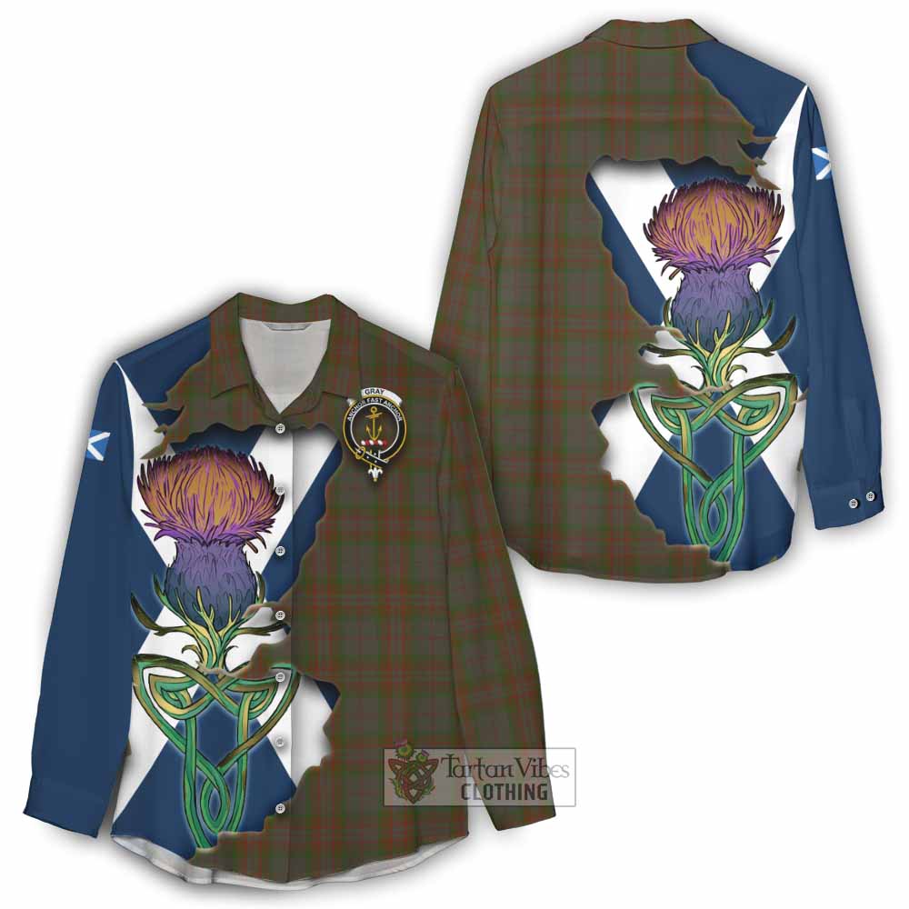 Gray Tartan Family Crest Women's Casual Shirt Scottish Thistle Celtic Inspired - Tartan Vibes Clothing