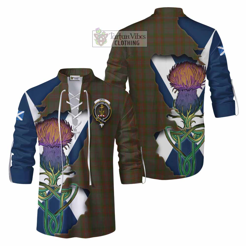 Gray Tartan Family Crest Ghillie Kilt Shirt Scottish Thistle Celtic Inspired - Tartan Vibes Clothing