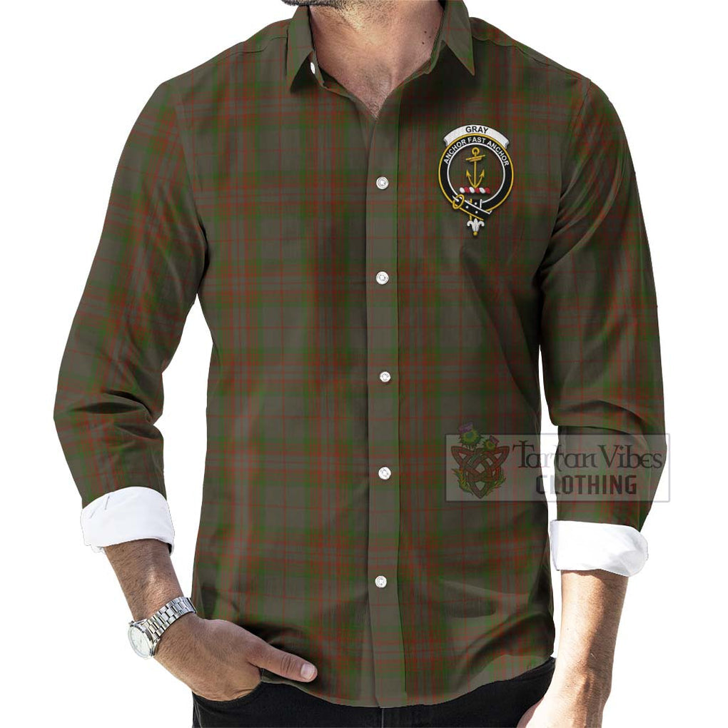 Gray Tartan Long Sleeve Button Shirt with Family Crest Celtic Skull Style - Tartan Vibes Clothing