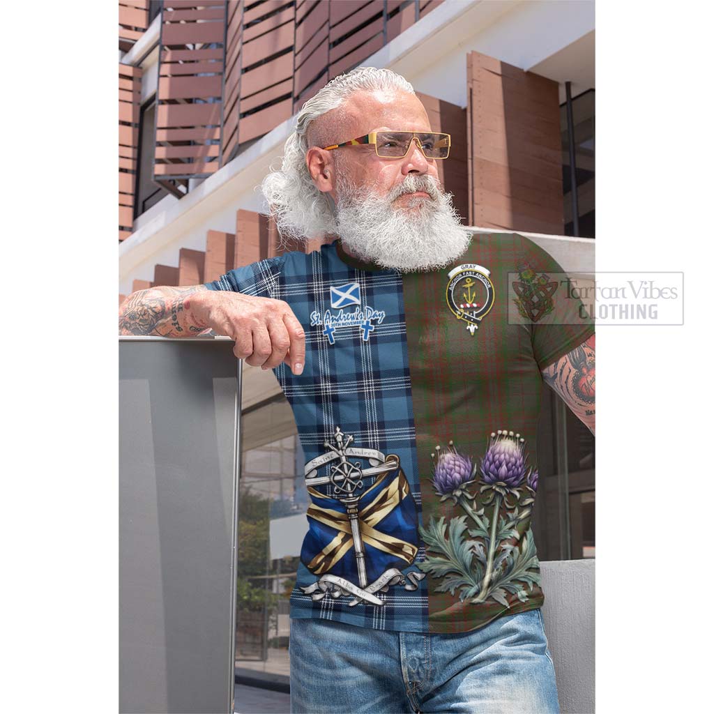 Gray Tartan Cotton T-shirt Happy St. Andrew's Day Half Tartan Style - Tartan Vibes Clothing