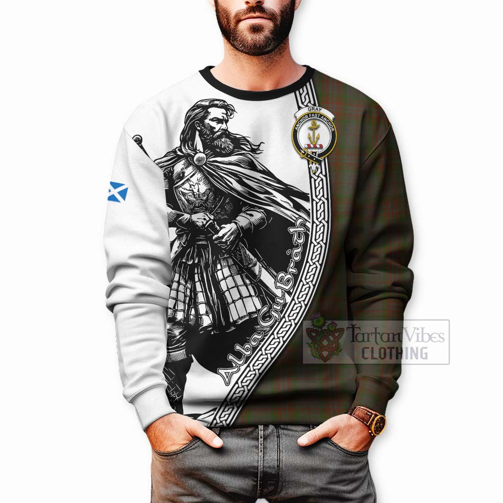 Gray Tartan Clan Crest Sweatshirt with Highlander Warrior Celtic Style - Tartan Vibes Clothing