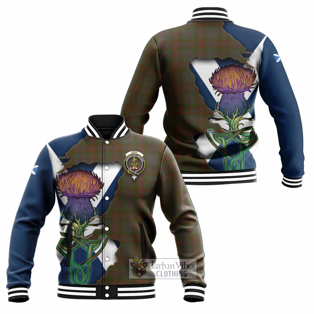 Gray Tartan Family Crest Baseball Jacket Scottish Thistle Celtic Inspired - Tartan Vibes Clothing