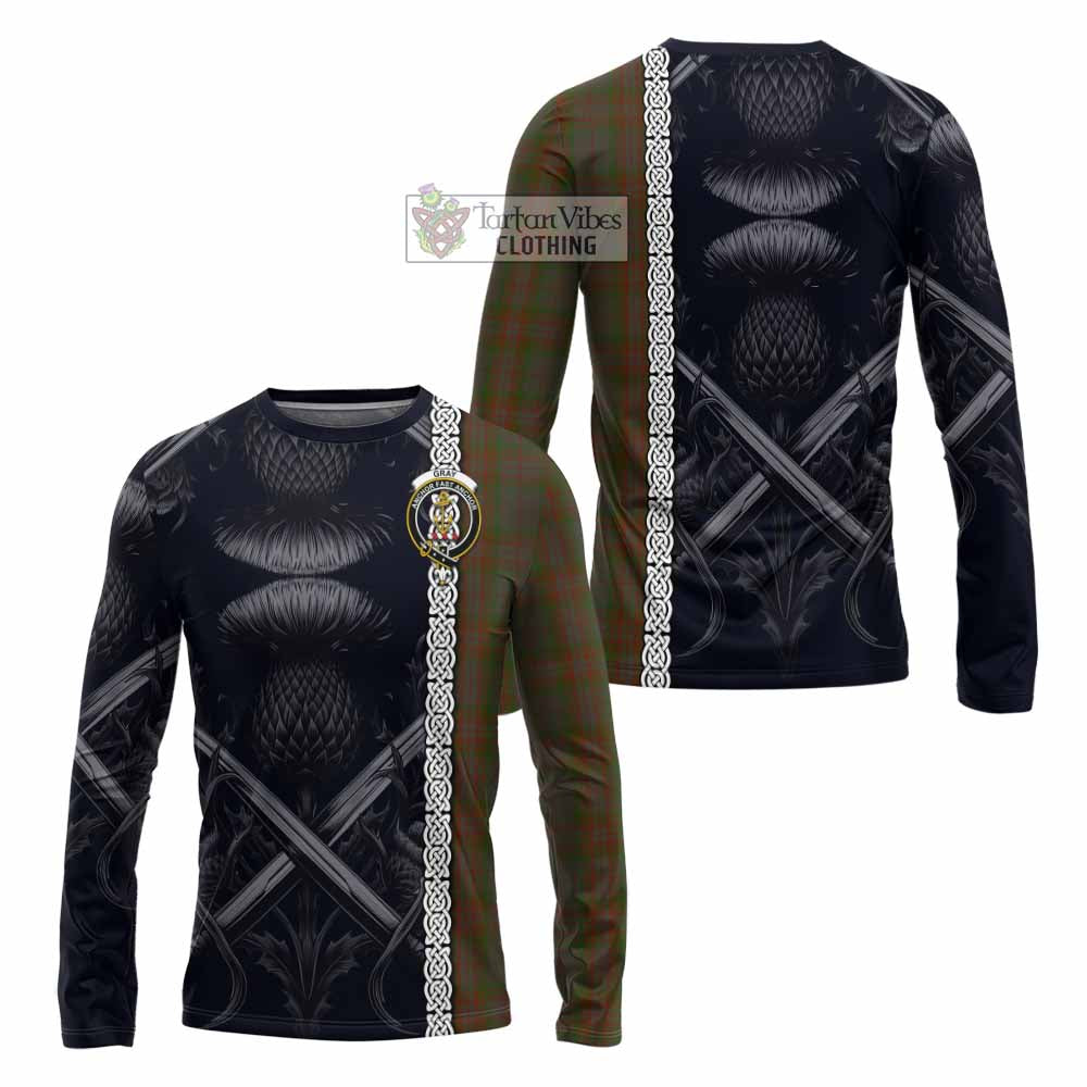 Gray Tartan Long Sleeve T-Shirt with Family Crest Cross Sword Thistle Celtic Vibes - Tartan Vibes Clothing