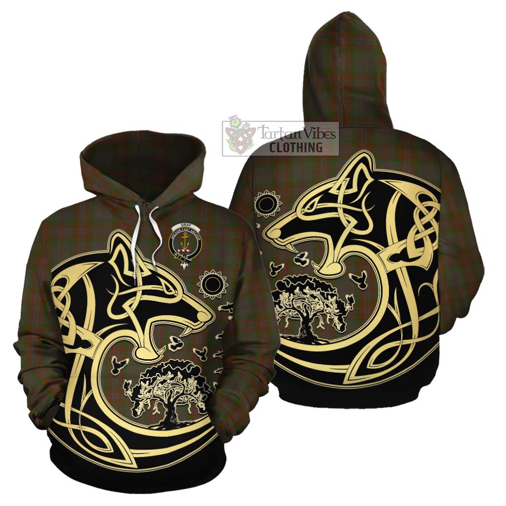 Gray Tartan Cotton Hoodie with Family Crest Celtic Wolf Style Zip Hoodie - Tartan Vibes Clothing