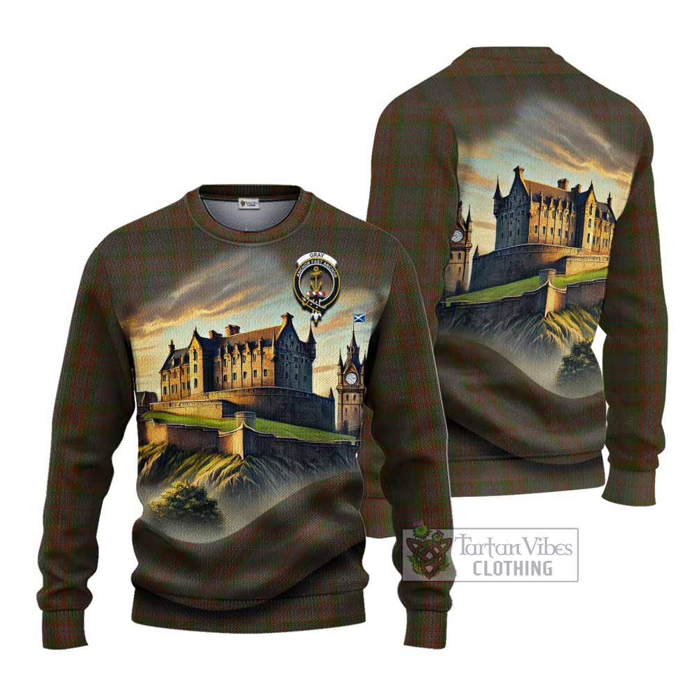 Gray Tartan Family Crest Knitted Sweater with Scottish Ancient Castle Style - Tartan Vibes Clothing