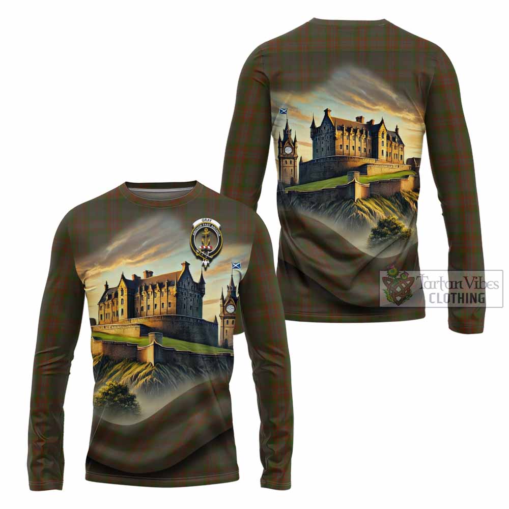 Gray Tartan Family Crest Long Sleeve T-Shirt with Scottish Ancient Castle Style - Tartan Vibes Clothing
