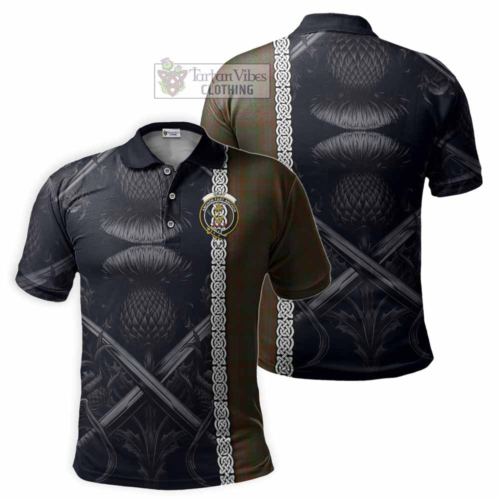 Gray Tartan Polo Shirt with Family Crest Cross Sword Thistle Celtic Vibes - Tartan Vibes Clothing