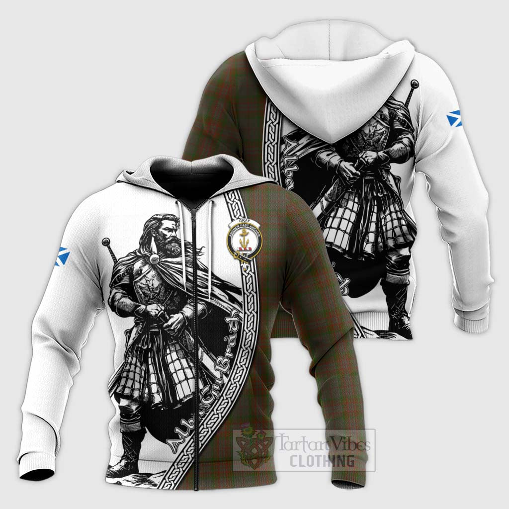Gray Tartan Clan Crest Knitted Hoodie with Highlander Warrior Celtic Style Unisex Knitted Zip Hoodie - Tartan Vibes Clothing