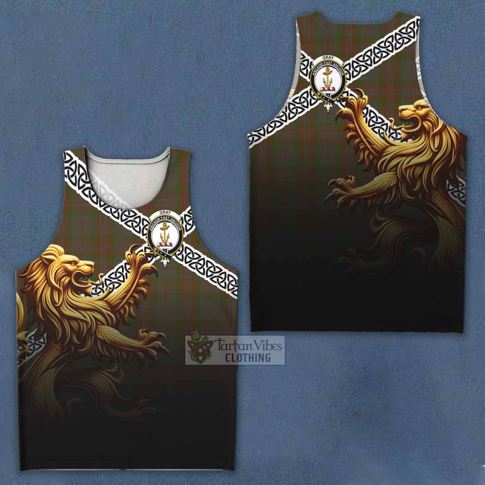 Gray Crest Tartan Men's Tank Top with Golden Lion Emblem Celtic Style - Tartan Vibes Clothing