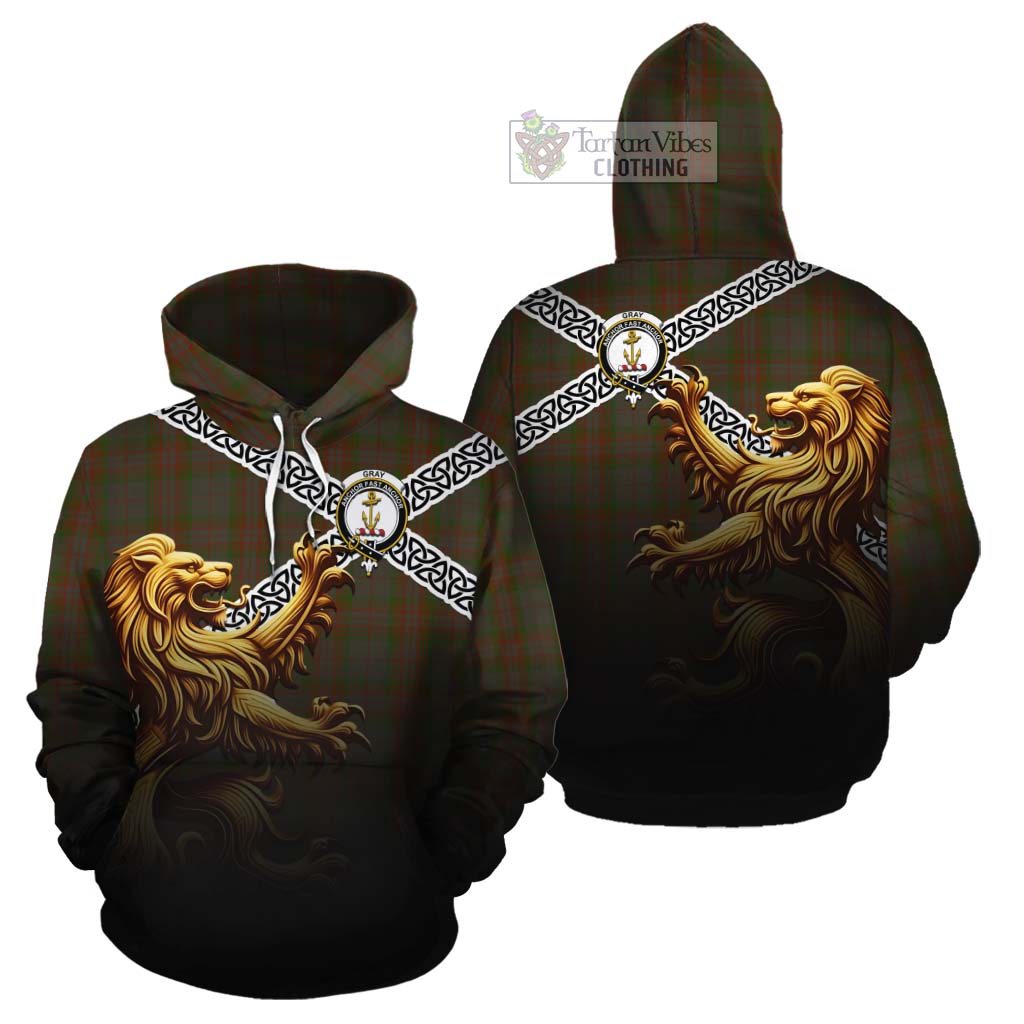 Gray Crest Tartan Cotton Hoodie with Golden Lion Emblem Celtic Style - Tartan Vibes Clothing