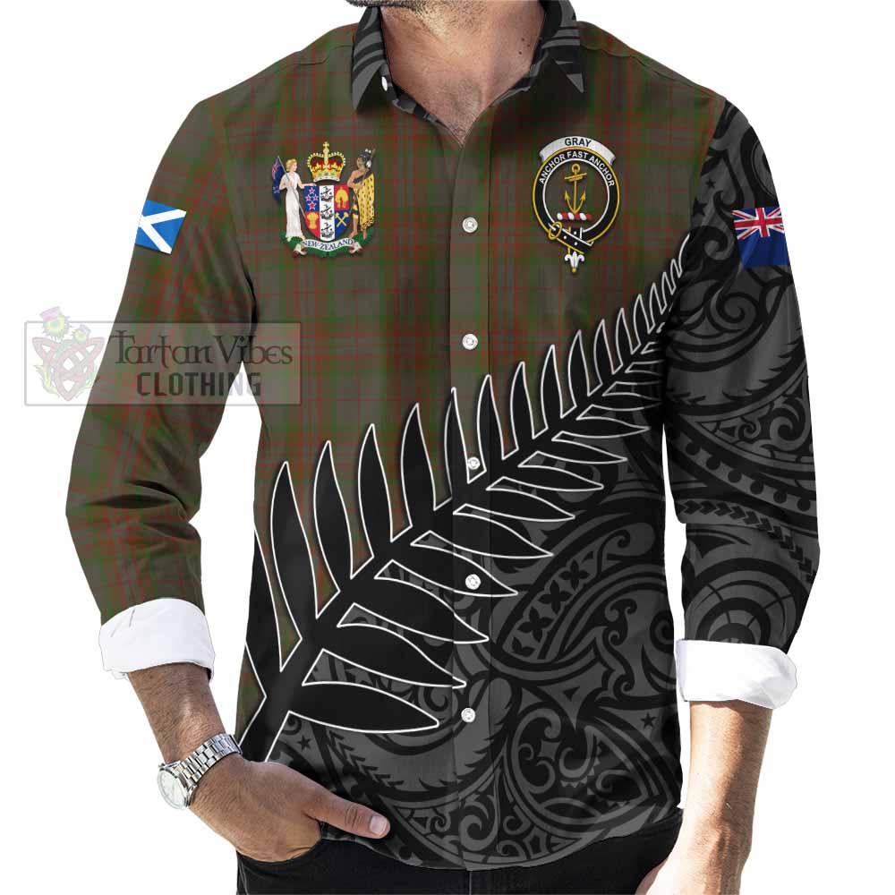 Gray Crest Tartan Long Sleeve Button Shirt with New Zealand Silver Fern Half Style - Tartan Vibes Clothing