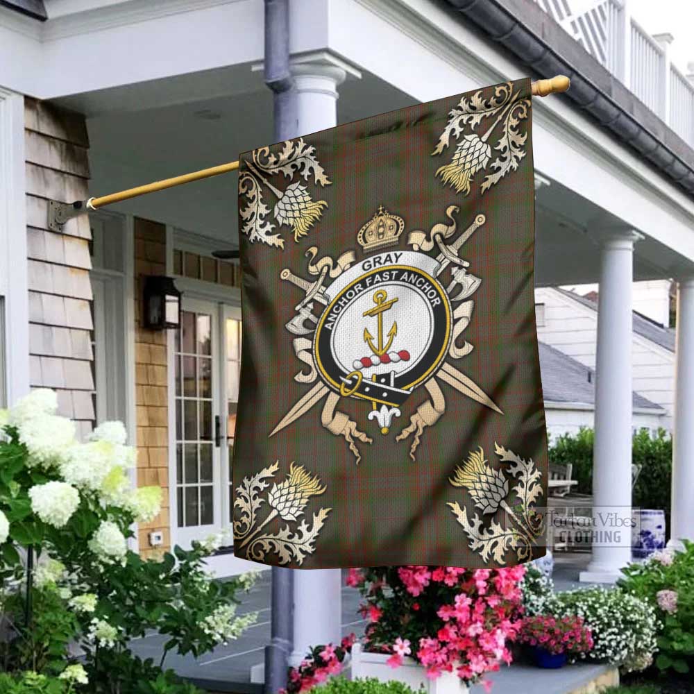 Gray Tartan Garden Flag with Family Crest and Golden Thistle Crossed Sword Design - Tartan Vibes Clothing