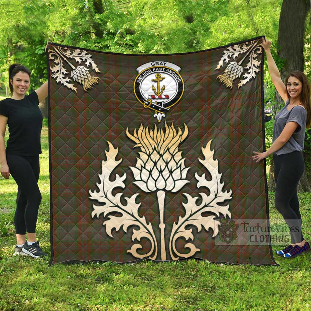 Tartan Vibes Clothing Gray Tartan Quilt with Family Crest and Golden Thistle Style