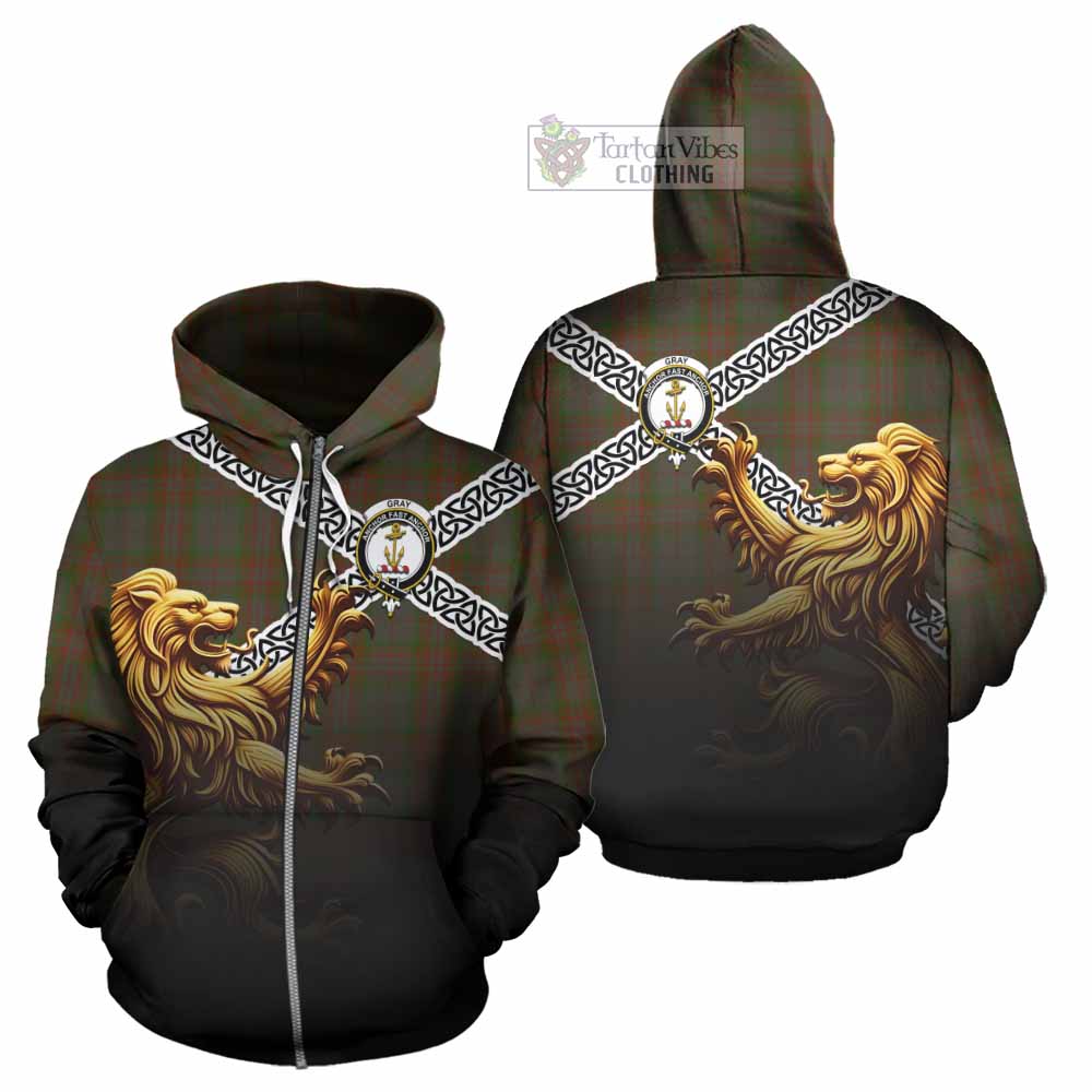 Gray Crest Tartan Hoodie with Golden Lion Emblem Celtic Style Zip Hoodie - Tartan Vibes Clothing
