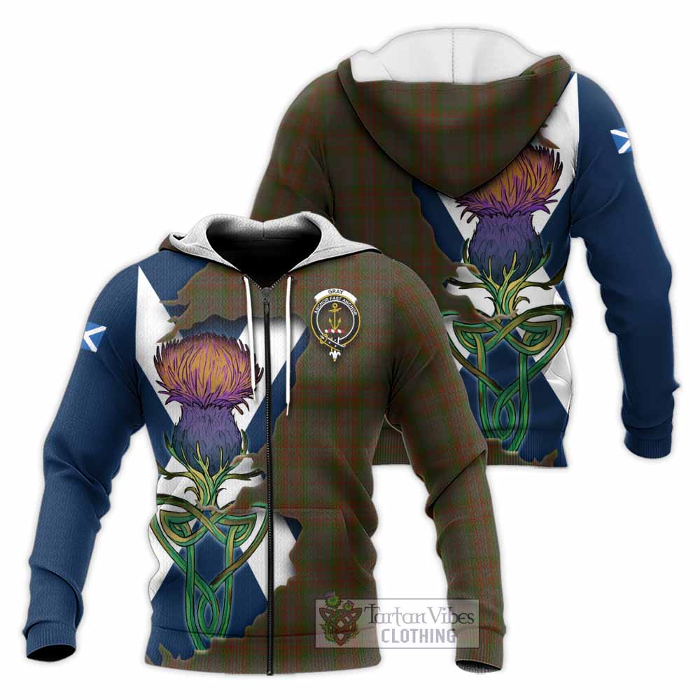 Gray Tartan Family Crest Knitted Hoodie Scottish Thistle Celtic Inspired Unisex Knitted Zip Hoodie - Tartan Vibes Clothing