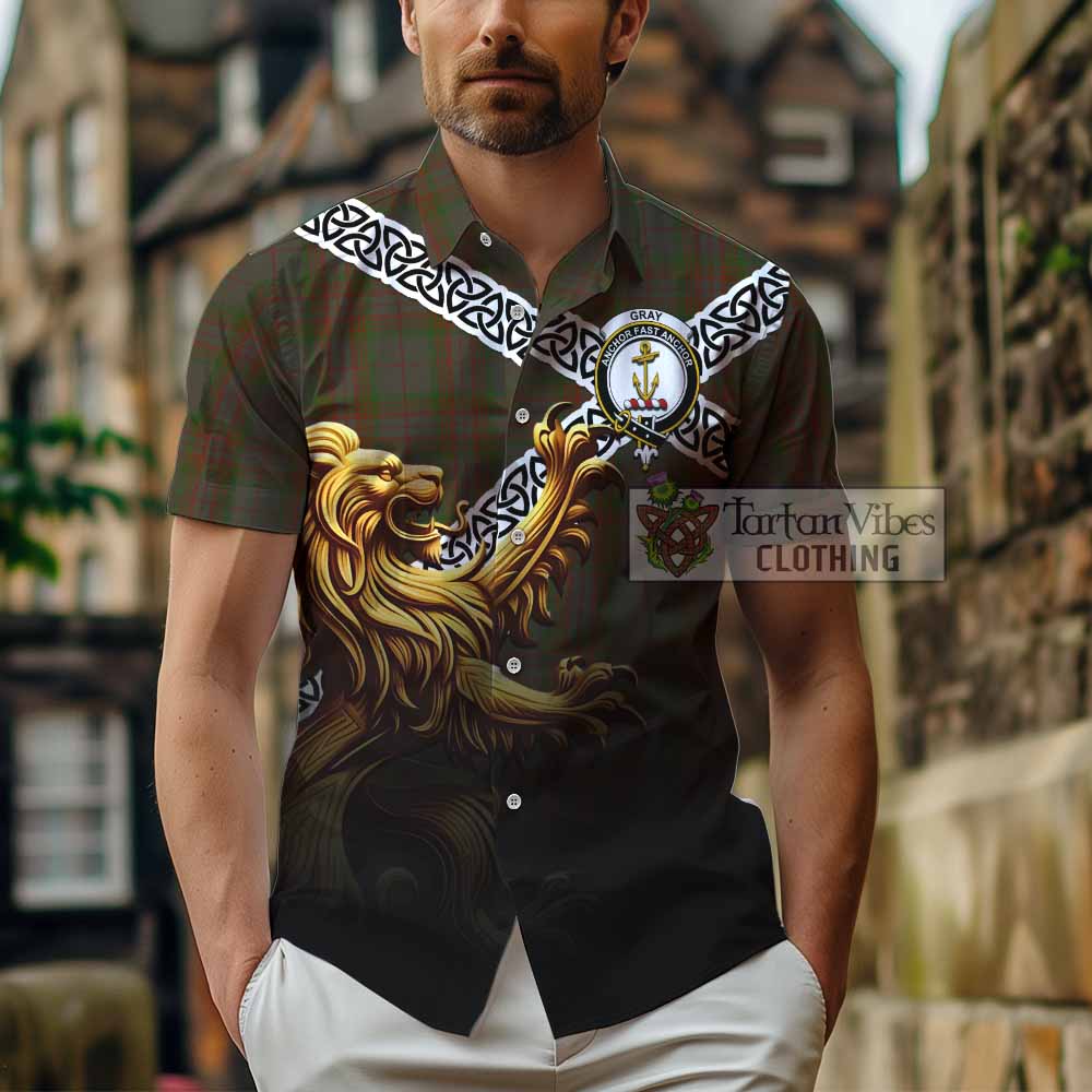 Gray Crest Tartan Hawaiian Shirt with Golden Lion Emblem Celtic Style - Tartan Vibes Clothing