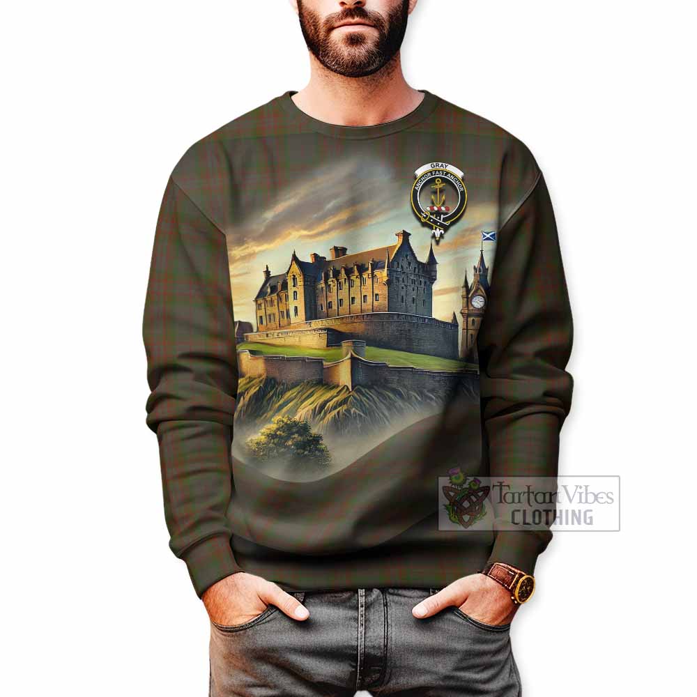 Gray Tartan Family Crest Sweatshirt with Scottish Ancient Castle Style - Tartan Vibes Clothing